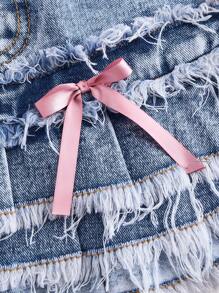 SHEIN Young Girl' Cute Pink Bow Blue Denim Pleated Skirt