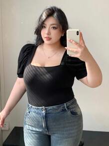 Dazy Plus Áo thun cổ vuông tay bồng ôm vừa vặn màu trơn, mùa xuân/hè - màu đen - Xem 8