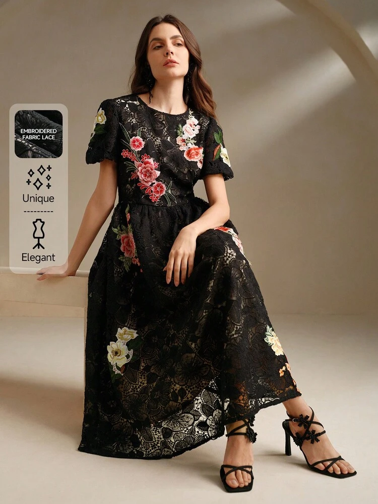 Women's Elegant Ruched Lace Trim Round Neck Short Sleeve Fitted Midi Dress
