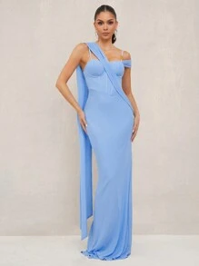 Lumalex 春季情人节甜美美丽情人节装圣瓦伦丁情人节复活节婚礼订婚成人礼女士网眼单肩喇叭形美人鱼下摆紧身连衣裙 - 淺藍色 - 查看 3