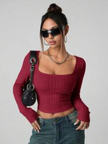 SHEIN ICON 女士纯色长袖简约罗纹休闲 Y2K 方领假日雪地女士米色舒适上衣，日常穿着 - 酒紅色 - 查看 6