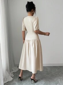 Elenzga Women's Spring/Summer French Elegant Casual/Office/Vacation Square Collar Waist Ruched A-Line Long Dress, Short Sleeve