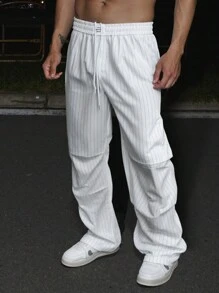 Manfinity Homme 美式复古风格男士宽松条纹休闲裤，白色男士裤子 - 白色 - 查看 1