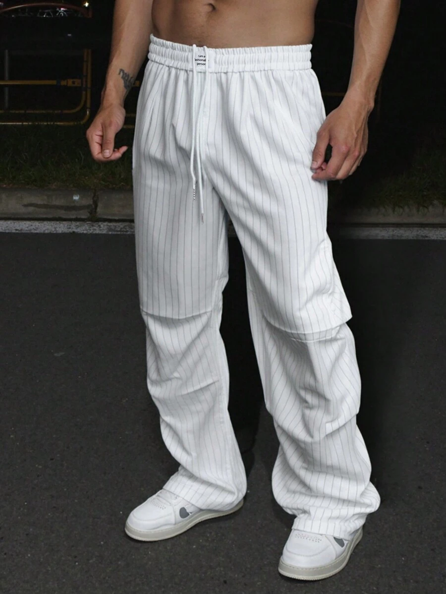 Manfinity Homme 美式复古风格男士宽松条纹休闲裤,白色男士裤子 - 白色 - 查看 1