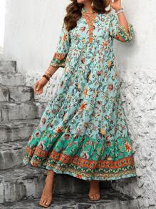 SHEIN LUNE 大码女式夏季定位花卉图案中袖长裙，西方女装，波西米亚风，嬉皮士风，女牛仔装，波西米亚风，节日，圣帕特里克节 - 彩色 - 查看 5