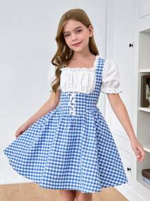SHEIN Leap Crew Tween Girls Elegant Vintage Blue Plaid Patchwork Puffle Short Sleeve Dress, Suitable For Casual Daily Wear - Blue - View 5