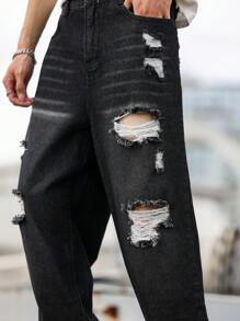 Manfinity Roughcore Loose Fit Men's Ripped Washed Jeans - Dark Grey - View 5