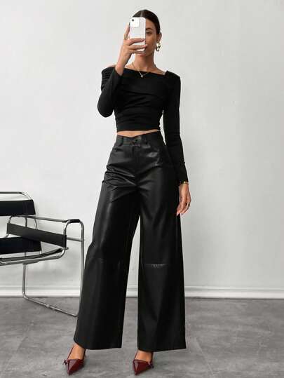 Siren Gaze Pantalones de piel lisos con botón delantero, pantalones casuales minimalistas para mujer, para uso diario, prendas inferiores para mujer