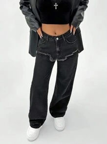 EURMUSE High Waist Frayed Detailed Straight Jean - Black - View 7