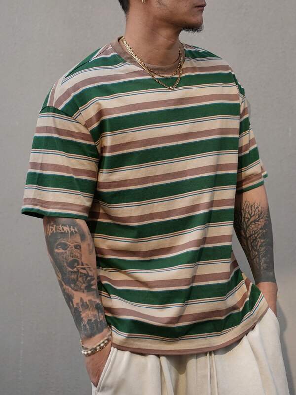 DAZY Men's Striped Casual T-Shirt, Multicolor, Minimalist Fashion For Summer Daily Wear