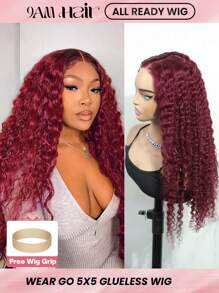 ALL READY WIG باروكة شعر طويل مع غطاء هوائي بريزي، إغلاق الدانتيل خالي من الصمغ مسبق القطع 99J# أحمر  بوردوني غامق موجة عميقة للارتداء والذهاب - S99J - مشاهدة 1