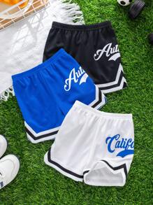 SHEIN 3 件装 男童休闲运动可爱字母印花撞色短裤，夏季 - 彩色 - 查看 1