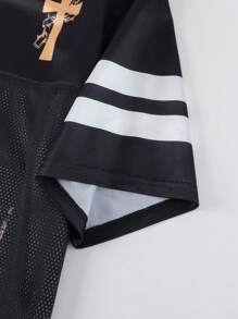 ROMWE MEN Prep Men's Virgin Mary Jersey Sports T-Shirt, Short Sleeve, Summer, With Mesh Fabric Patchwork