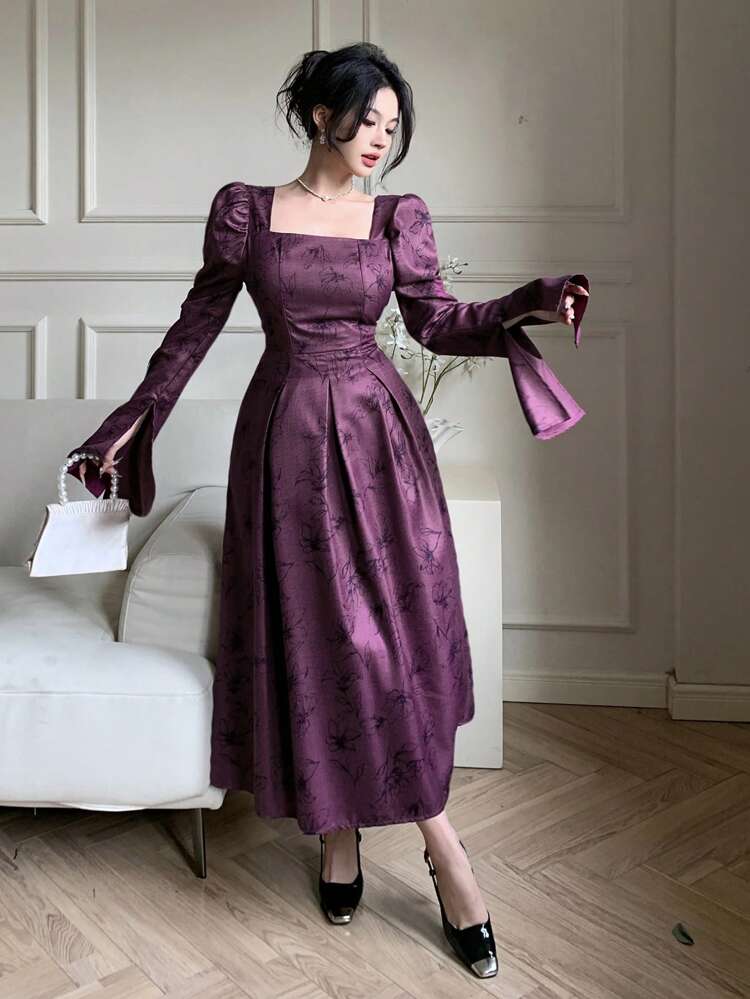 Women's Long Floral Print Flare Sleeve Vacation Dress, Palace Style, Suitable For Summer, Valentine's Day Prom Dress,Ruffle Elegant Women Dresses