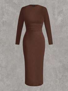 SHEIN EZwear Plus Size Women Dresses Autumn Long Sleeve Woman Party Birthday Date Night Crew Neck Bodycon Casual Elegant Brown - Coffee Brown - View 2