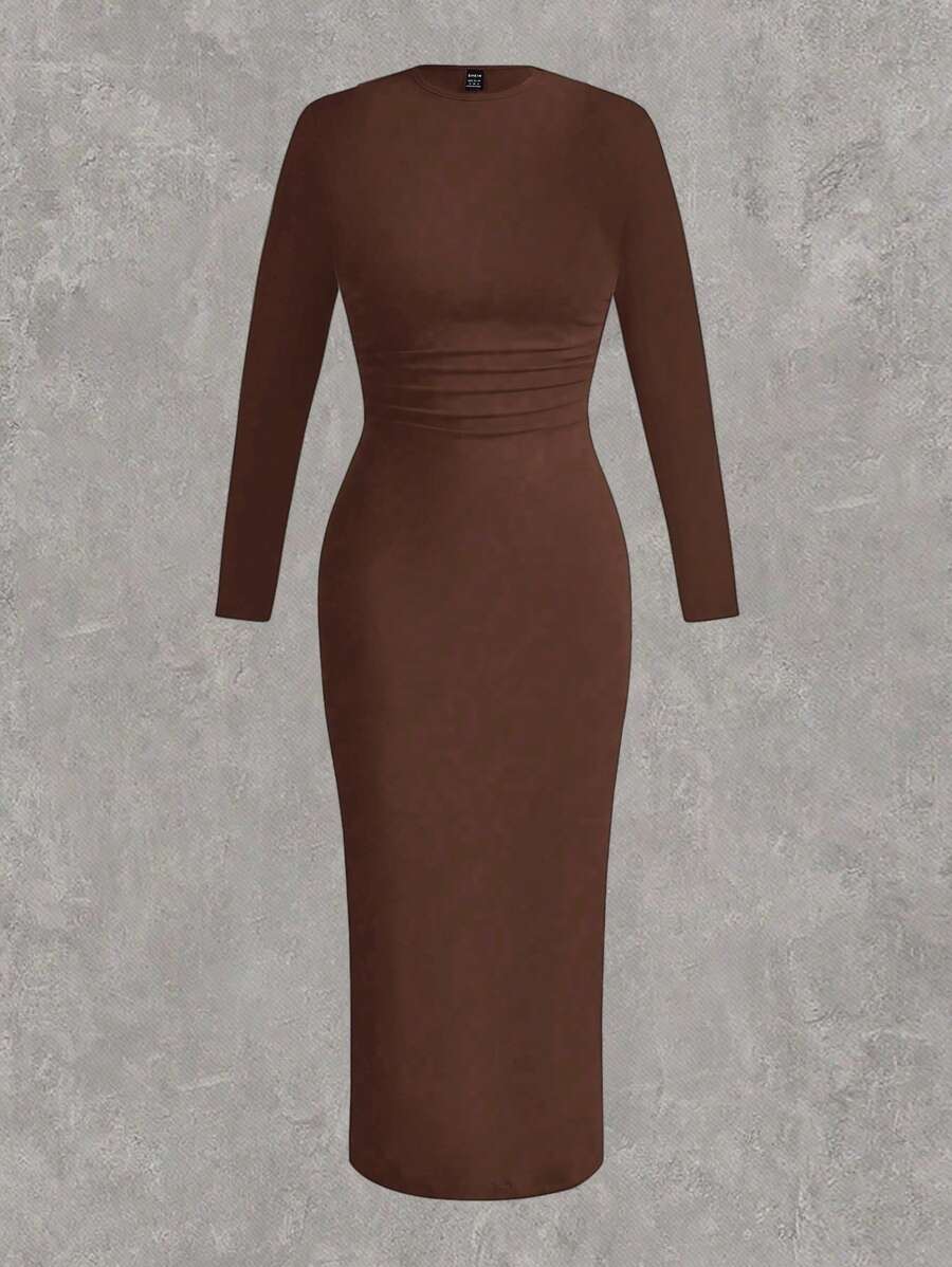 SHEIN EZwear Plus Size Women Dresses Autumn Long Sleeve Woman Party Birthday Date Night Crew Neck Bodycon Casual Elegant Brown