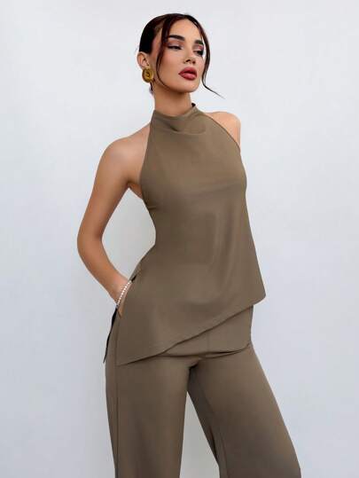 Aloruh Women's Summer Suit Elegant And Fashionable Business Commuting Simple Brown Suit Arabian Style Solid Color Simple Khaki Two-Piece Set  Coffee Color Commuter Halter Neck Top + Pants 2pcs,Graduation,Teacher Outfits For Women,Back To School
