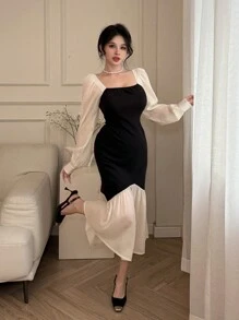 DAZY 优雅春季时尚约会夜拼布泡泡袖鱼尾中长连衣裙女士舞会礼服优雅秋季长袖连衣裙 - 黑色 - 查看 4
