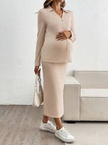 SHEIN Collared Solid Top And Adjustable Waist A-Line Skirt Maternity 2 Pieces Set - Khaki - View 5