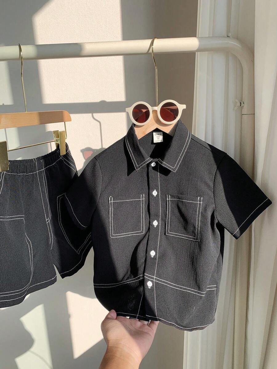 SHEIN 2pcs/Set Young Boys Casual Contrast Stitching Short Sleeve Shirt And Shorts