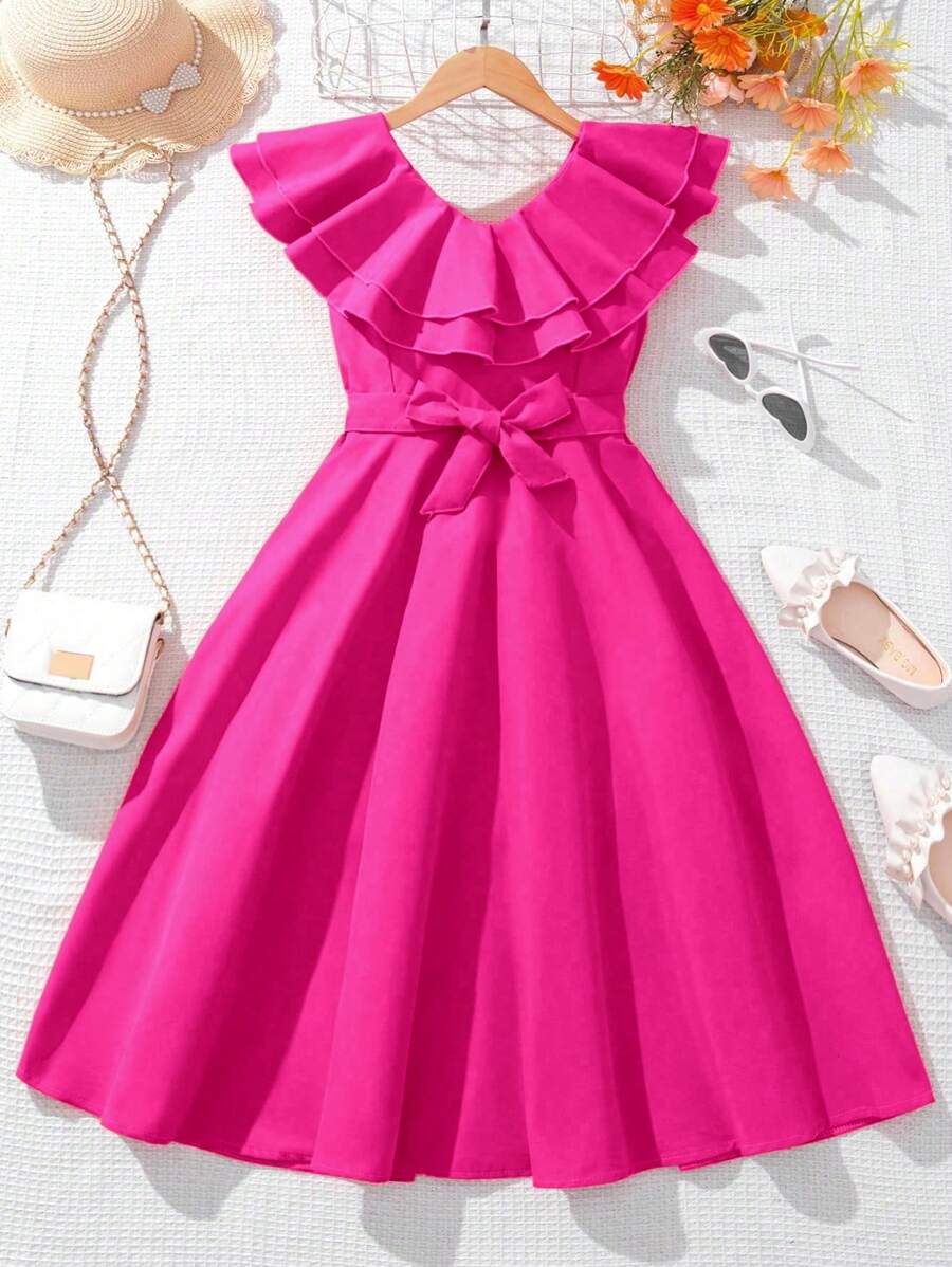 Teen Girls' Solid Color Ruffle Splice Round Neck Tie Waist Fashion Mini Dress - Hot Pink - View 1