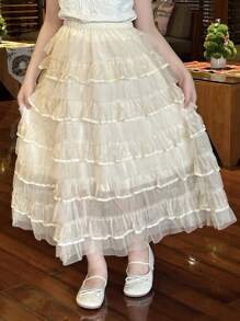 DAZY Tween Girl Net Yarn Solid Color Minimalist Casual Daily Skirt,Girls Summer Outfits,Back To School Clothes Vacation - Beige - View 5