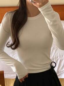 DAZY 2pcs Women's Solid Color Long Sleeve Base Layer T-Shirt & Chiffon Jumper Dress Set, White, Spring/Summer