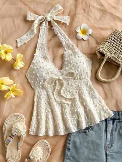 Soleia Women's Resort Knit Dotted Jacquard Textured Halter Tie Waist A-Line Vest, Suitable For Party, Date, Valentine's Day, Afternoon Tea