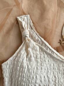 Soleia 女士度假米色纹理针织面料单肩不对称下摆扭肩设计修身衬衫，适合派对、约会、情人节、海滩、游轮、复活节、狂欢节 - 白色 - 查看 3