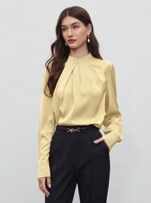 BizChic 2025年夏季新款女士百褶领衬衫，长袖，缎面面料，商务休闲，适合度假、婚礼宾客、乡村音乐节、早餐、机场、211S斯德哥尔摩风格、美国独立日