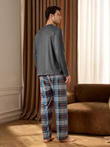 Shein Underwear&Sleepwear Basics Conjunto de 2 piezas de ropa de descanso para hombre, top de manga larga y pantalones