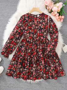 SHEIN Leap Crew Teen Girls' Colorful Ditsy Floral Ruffle A-Line Long Sleeve Babydoll Dress, Elegant Casual Vintage Dress - Multicolor - View 1