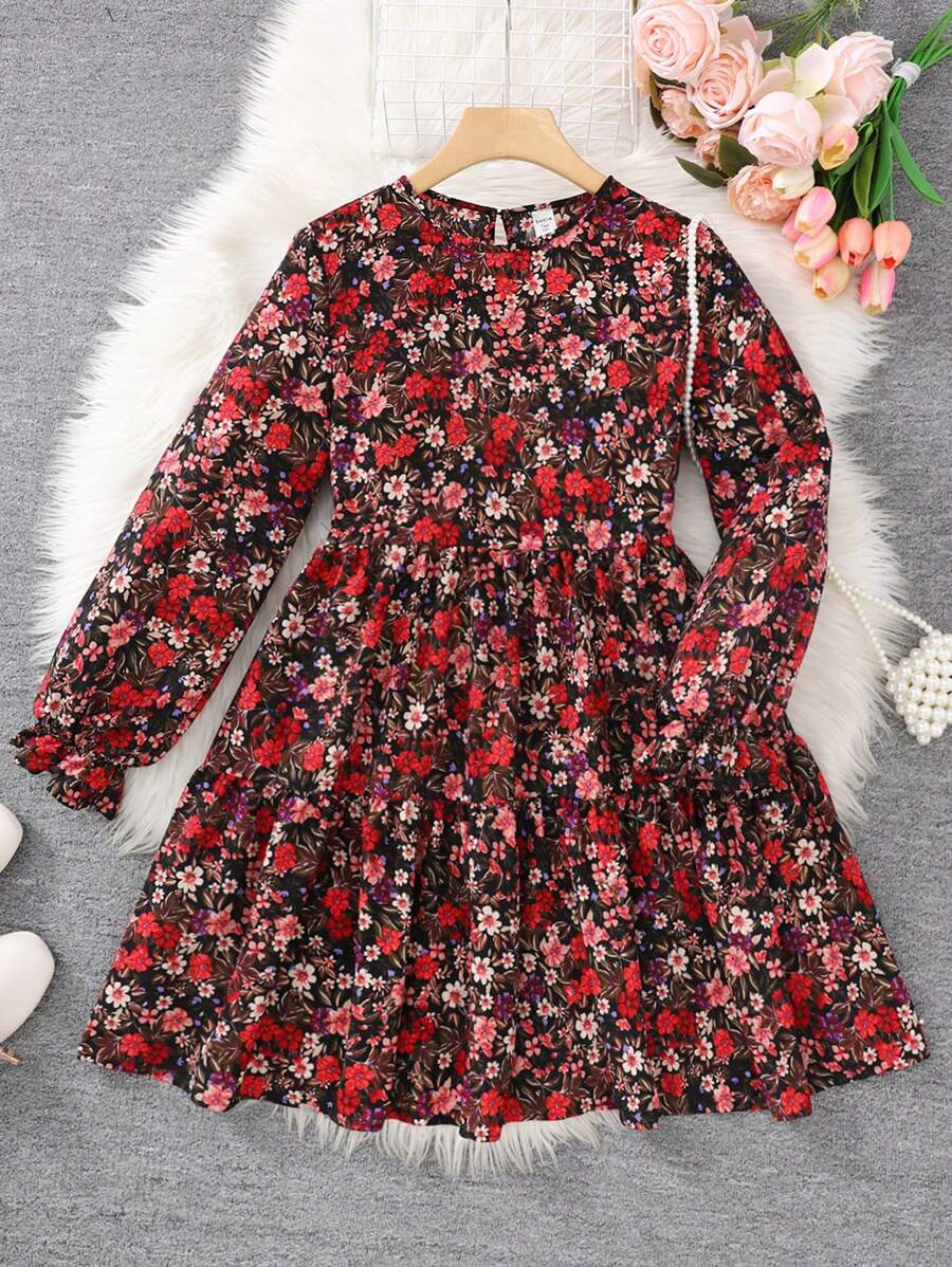 SHEIN Leap Crew Teen Girls' Colorful Ditsy Floral Ruffle A-Line Long Sleeve Babydoll Dress, Elegant Casual Vintage Dress - Multicolor - View 1