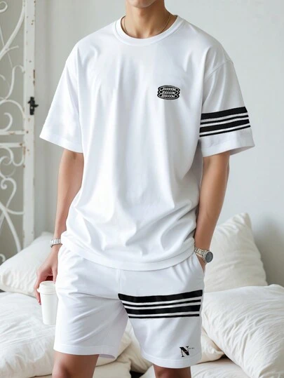 Manfinity Hypemode Manfinity 男士条纹拼接运动休闲套装 男士T恤套装 男士服装 男士T恤套装 男士两件套 男士夏季套装