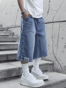 Manfinity EMRG 男士中蓝色水洗牛仔工装短裤，拼接街头风格宽松牛仔短裤