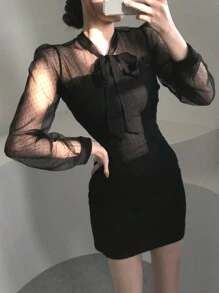 DAZY Women's Mesh Paneled Lace-Up Wrap Mini Dress, Spring/Fall Party Women Dresses Milkmaid Dress,Back To School Clothes Long Sleeve Dress - Black - View 9