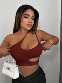 SHEIN SXY Femmes Top Court Asymétrique à Col Découpé sans Manches - Rouge foncé - Voir 4