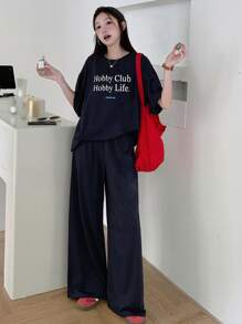 DAZY 2件套女士街头休闲字母图案T恤，春夏女士家居服套装 - 藏蓝色 - 查看 2