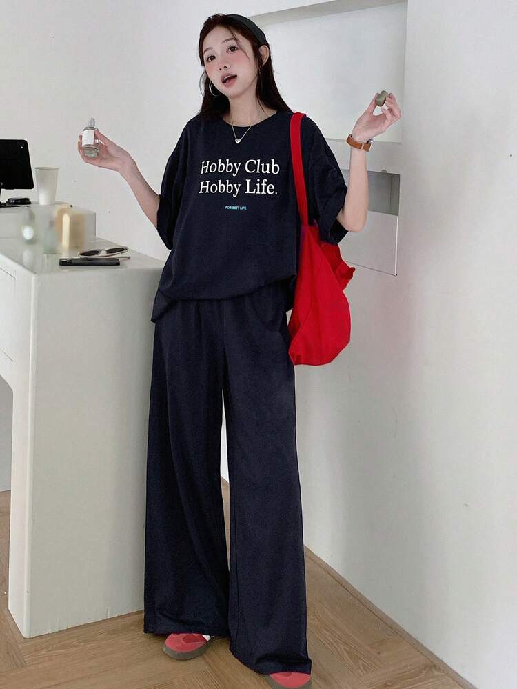 2pcs/Set Women's Street Casual Letter Graphic T-Shirt, Spring/Summer Lounge Sets For Women