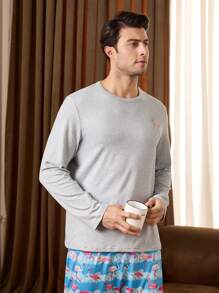 Men's Long Sleeve Top And Long Pants Pajama Set - Grey - View 5