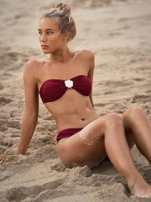 Swim Chiccia 1 Set Women's Rose Ruffle Padded Bandeau Sexy Bikini Set For Summer Beach Vacation - Burgundy - View 4