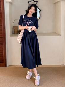 DAZY 字母蝴蝶结印花束腰中长款女士连衣裙太阳裙，休闲女士连衣裙 - 藏蓝色 - 查看 6