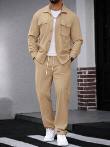 Manfinity CasualCool 2pcs Men's Corduroy Workwear Long Sleeve Shirt Set - Khaki - View 6