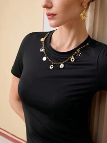 ZEYLAH WOMEN'S METAL DECOR SHORT SLEEVE T-SHIRT, SPRING SUMMER - Black - View 2