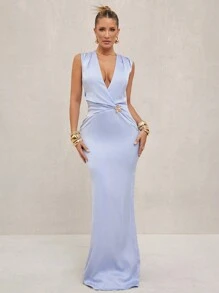 Lumalex Light Blue Summer Elegant Day Party Super Long Deep V-Neck Sleeveless Twist Front Bodycon Dress For Women,Bohemian Old Money Banquet Wedding Season - Baby Blue - View 5