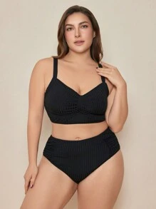 SHEIN Swim Curve Conjunto de bikini de tela acanalada de talla grande con tirantes ajustables, informal para la playa y uso diario, verano
