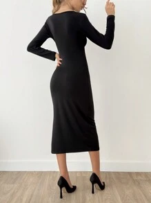 EURMUSE BLACK MIDI SEXY ELEGANT CUT OUT MIDI DRESS - Black - View 2
