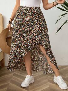 SHEIN LUNE Váy nữ cỡ lớn phong cách Bohemian, họa tiết hoa nhí, ngắn trước sau và dài, thiết kế cạp cao, thích hợp cho mùa cưới, nghỉ hè, đi nghỉ mát. - Nhiều màu - Xem 3