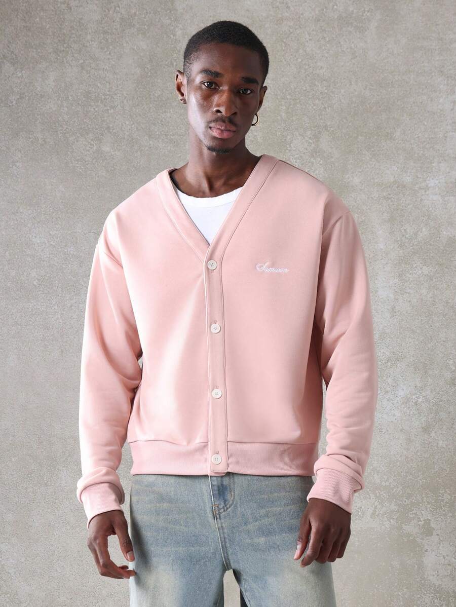 SUMWON 短款纽扣开衫经典 V 领夏季轻便外套日常休闲运动秋季必备街头风格分层单品 - 粉色 - 查看 1