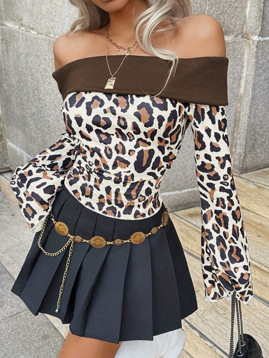 INAWLY Women's Leopard Print Off-Shoulder Long Sleeve Fitted Blouse Fall Cloth For Women